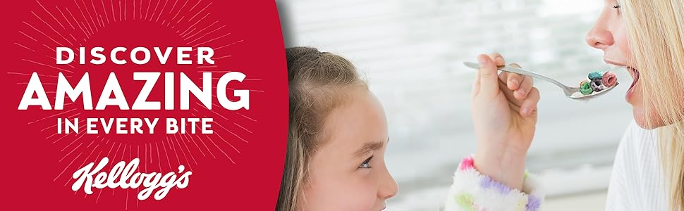 Discover amazing in every bite of Kelloggs cereal like this mom and daughter sharing Froot Loops 